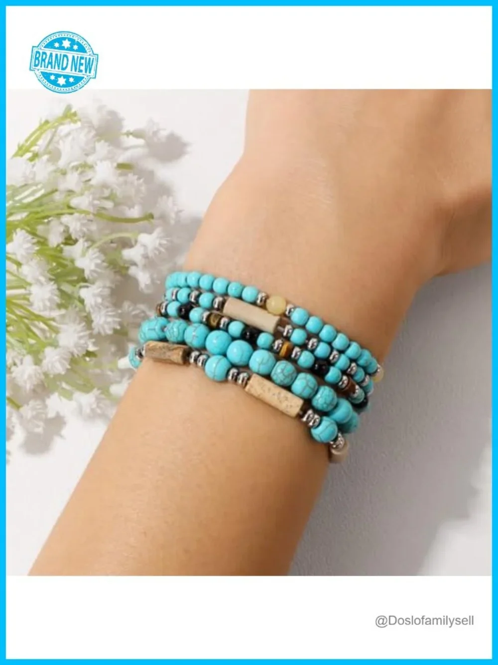 5-Piece Turquoise Crystal Bracelet Set Stackable Beaded Healing Stretch
